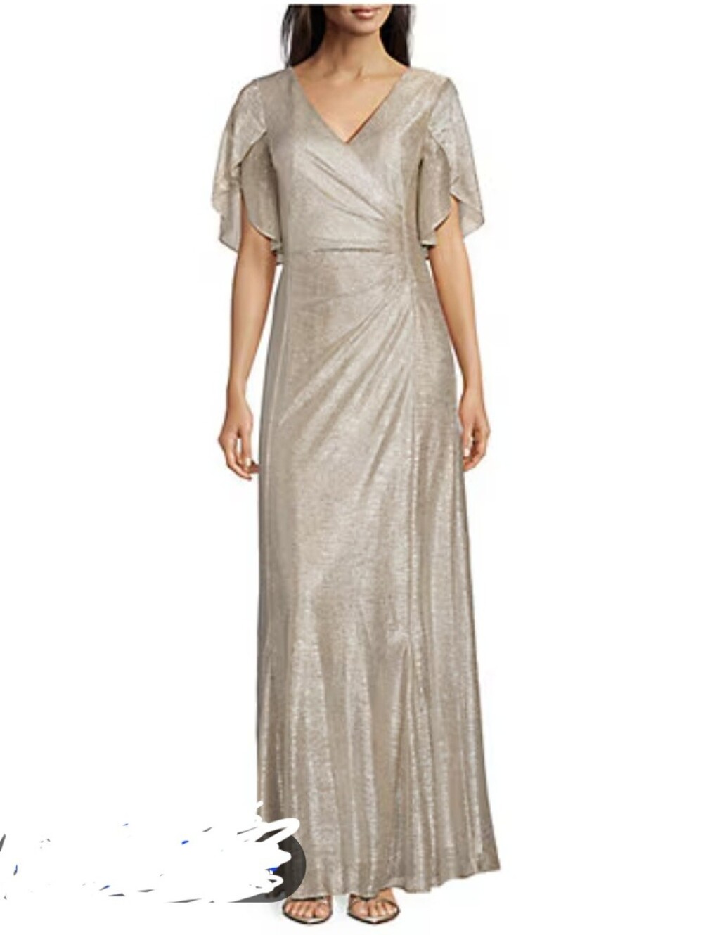 Eliza J Elegant Silver Metallic Maxi Dress with Flutter Sleeves Size 8 NWT